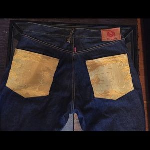 Red Monkey Raw Denim Blue Jeans 36 New Gold Patch